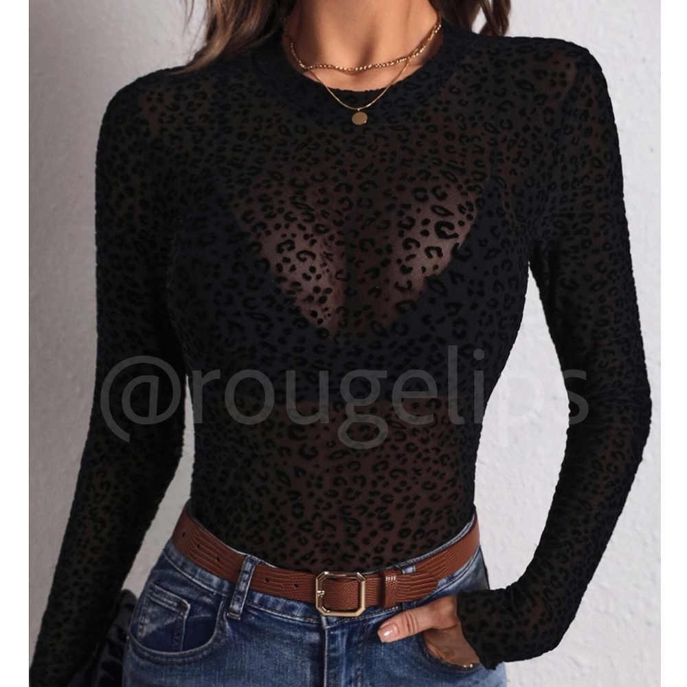 Black Mesh Leopard Pattern Sheer Long Sleeve Fitted Shirt Top